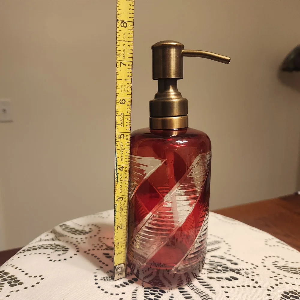 Red and Clear Swirled Glass Soap Dispenser with Brushed Brass Pump NEW
